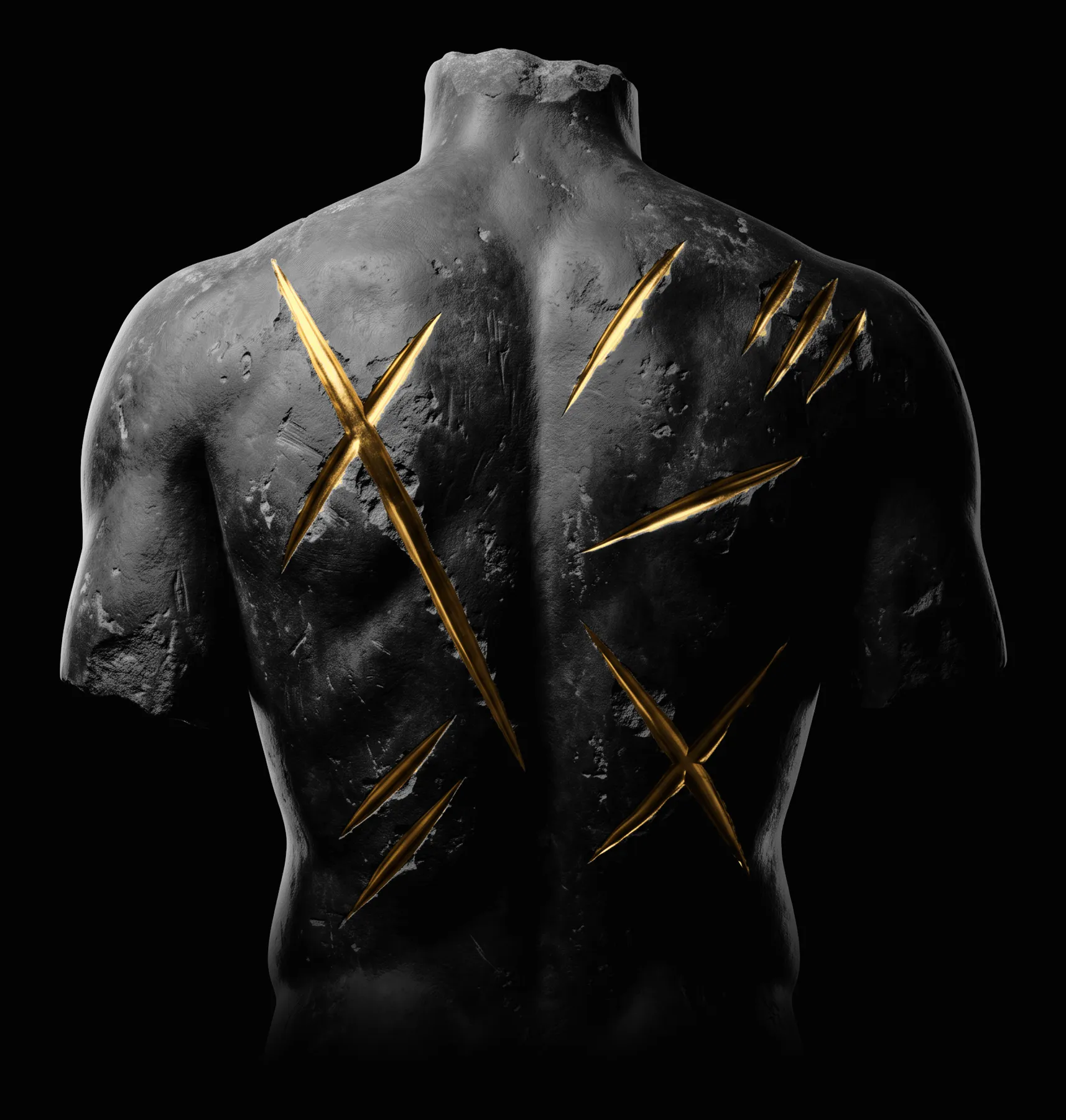 The back of a headless Greek statue in black stone, crossed by long slash scars filled with gold.