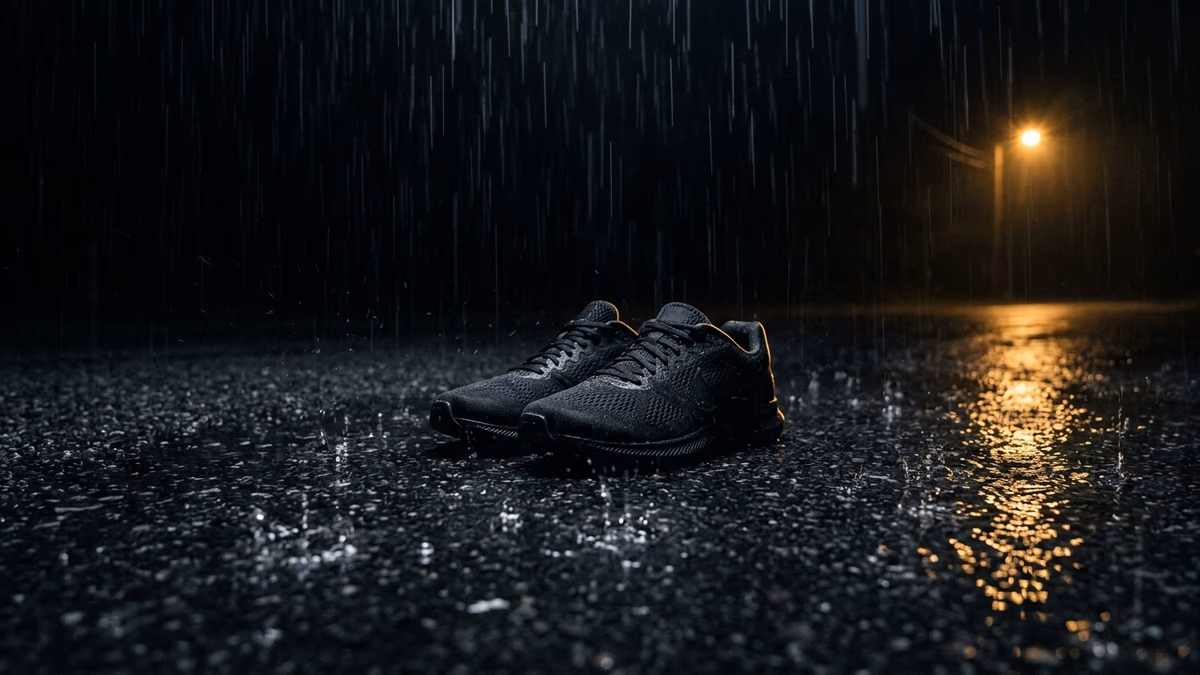 Running shoes on wet asphalt in heavy rain at night under a gold streetlight, the outdoor workout the 75 Hard rules require in any weather