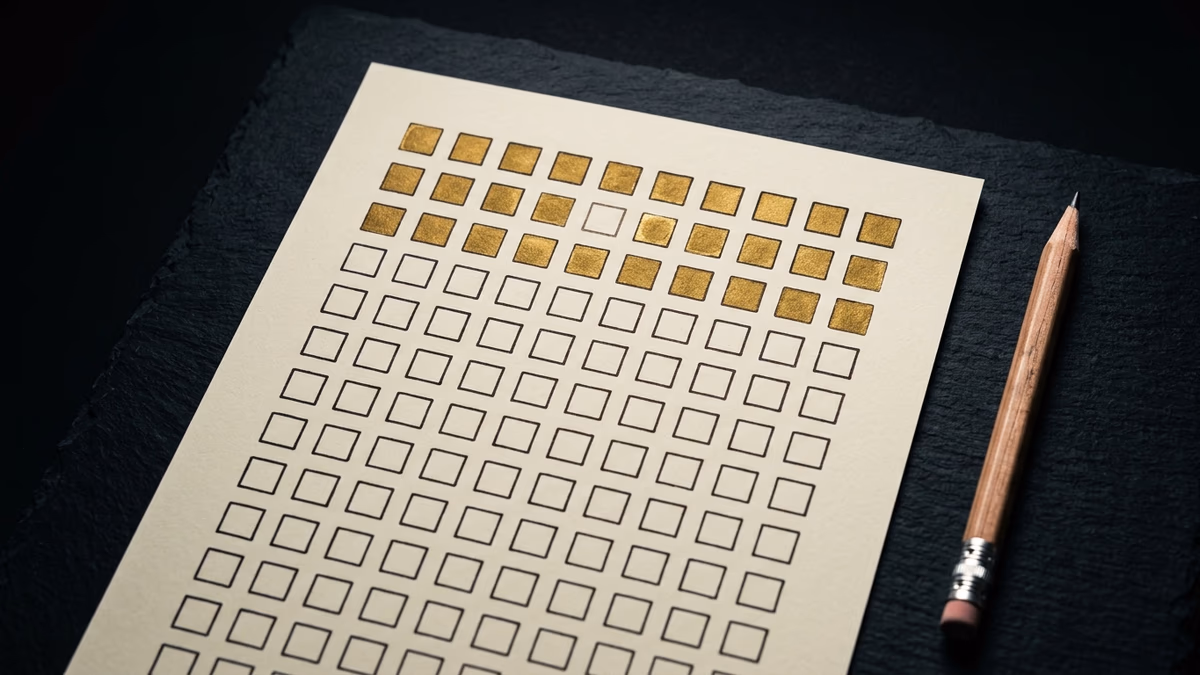 A paper tracker grid with three rows of gold squares and one empty square in the second row, the single missed day that restarts 75 Hard but not 75 Soft or 75 Medium