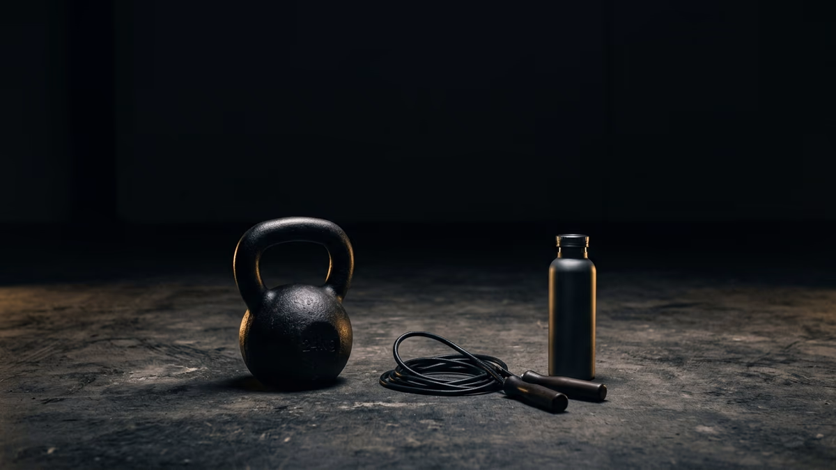 A kettlebell, a jump rope and a water bottle on a dark floor, the kit for the one daily 45 minute workout in the 75 Medium challenge