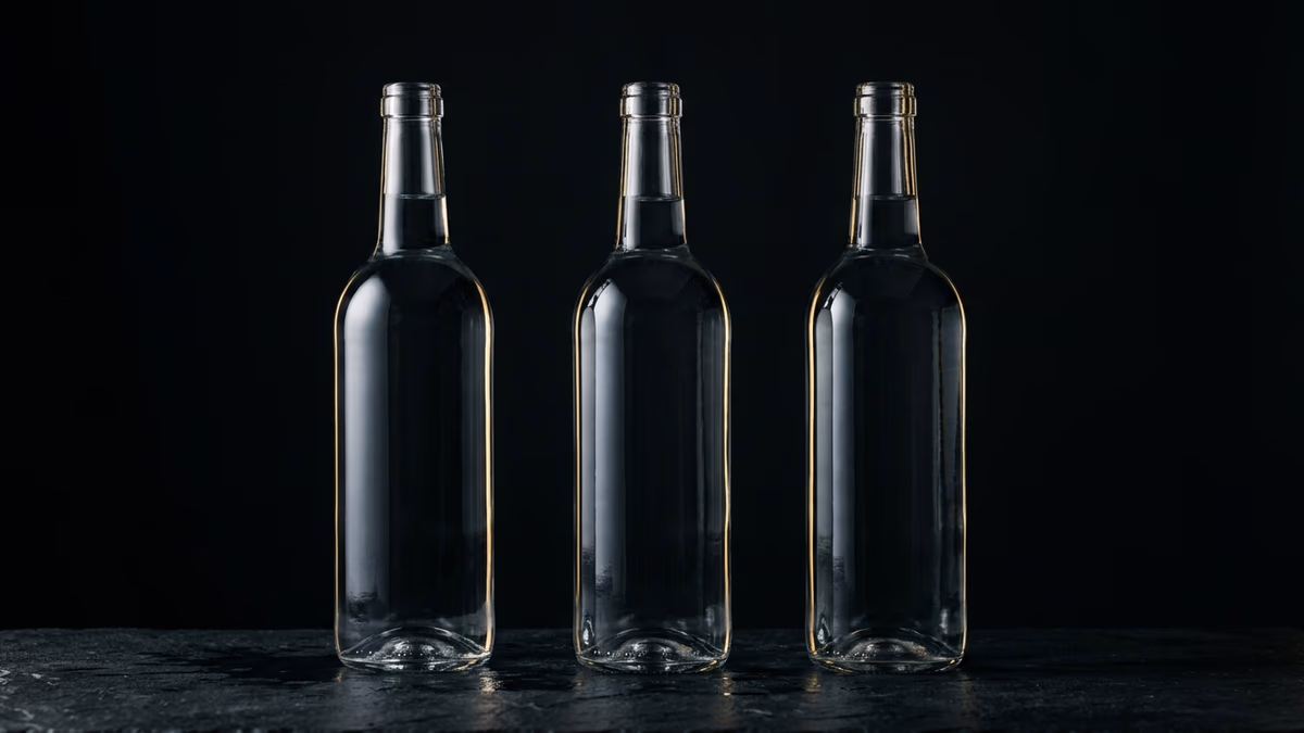 Three identical clear glass bottles of water in a row on dark stone, standing for the 3 liters of water a day in the 75 Soft challenge