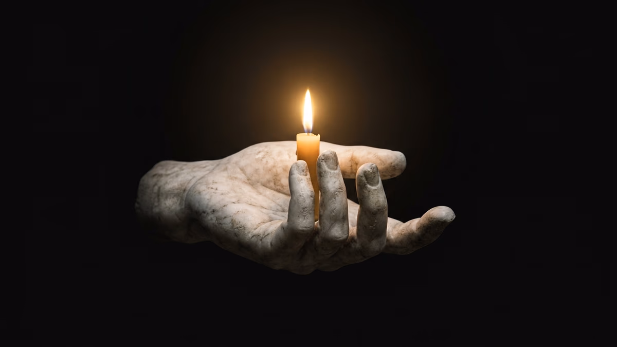 Classical marble hand holding a candle flame in darkness representing sustained consistency and accountability discipline