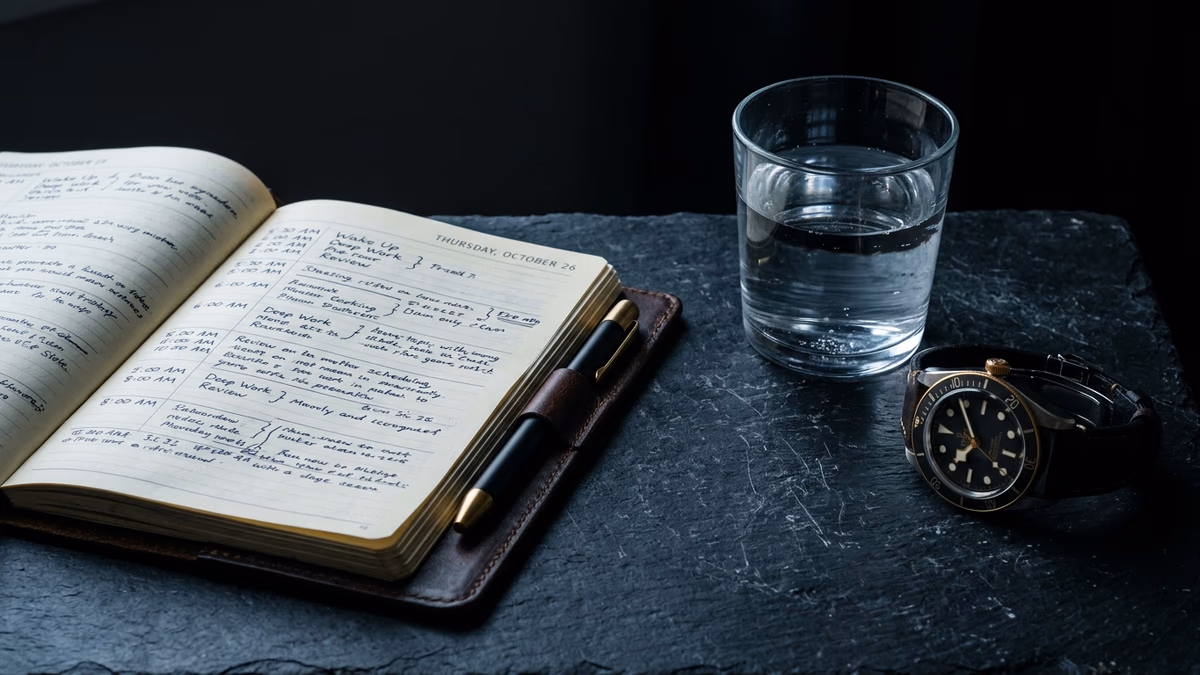 Dark minimalist workspace with a planner and watch representing a structured discipline routine