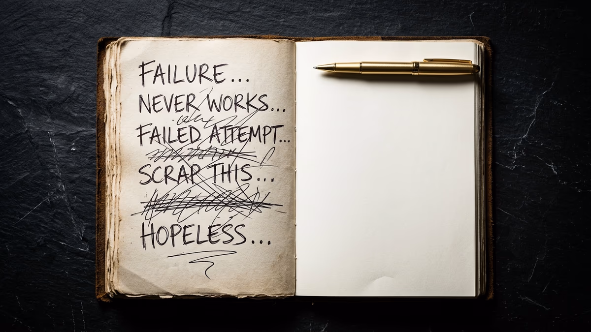 Open journal with crossed-out old page and blank fresh page with gold pen representing fresh start after failure and recovery protocol