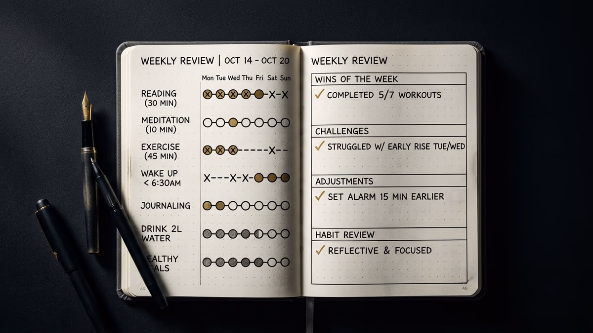 Habit-tracking notebook open to a weekly review page representing habit stacking and discipline systems
