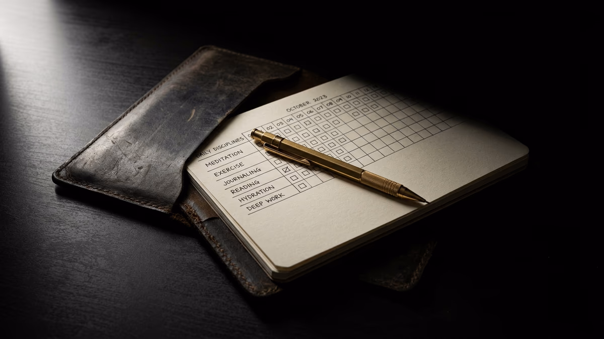 Dark minimalist notebook with habit tracker grid and gold pencil representing how to stay consistent with daily discipline