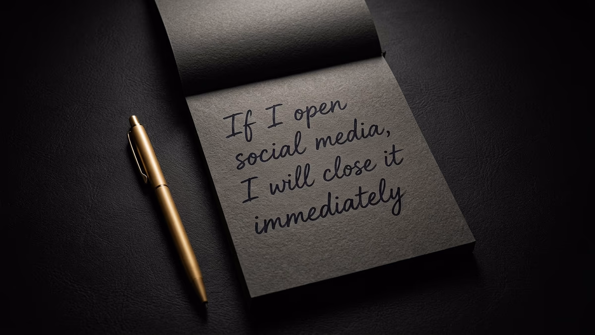 Dark notebook with handwritten if-then plan for overcoming procrastination and managing distractions