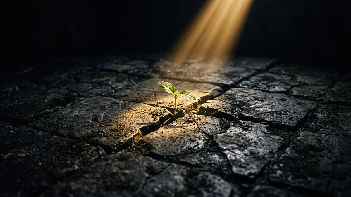 Plant sprouting through cracked stone in a shaft of golden light representing recovery after failure and resilience