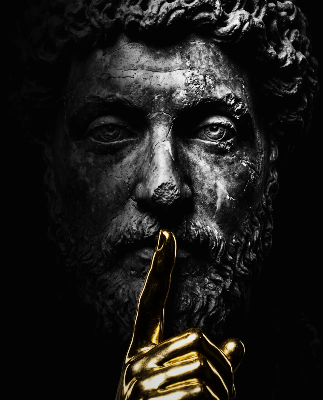A weathered marble bust of a bearded Stoic emperor looking straight ahead, a hand of polished gold pressed to his lips in a call for silence.