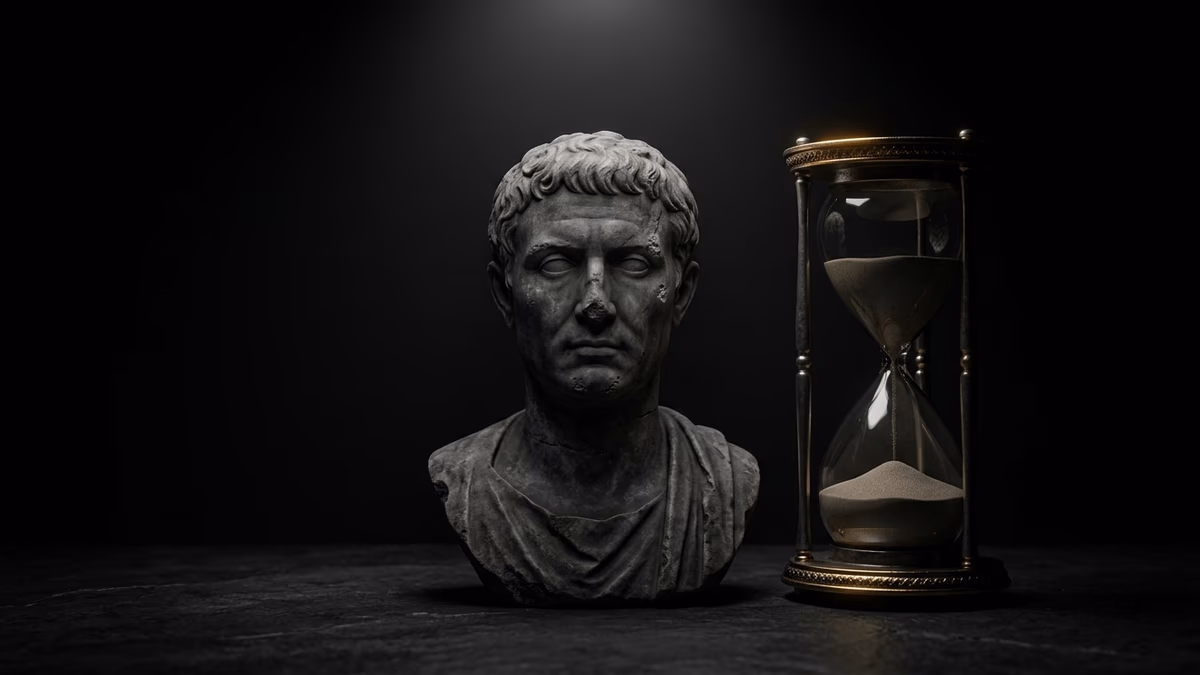 Stoic marble sculpture with an hourglass representing the battle against procrastination and the urgency to start