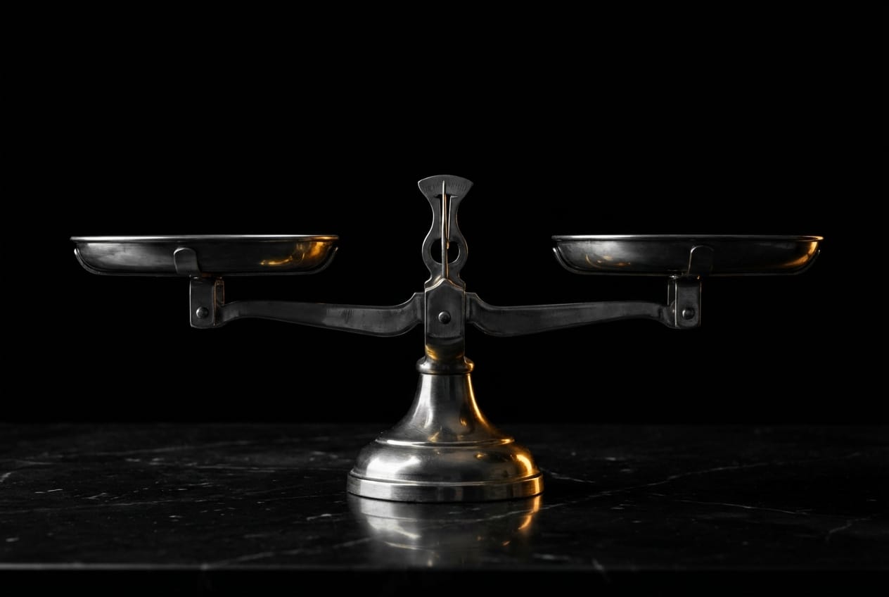 A classical gold weighing scale balanced perfectly on a dark marble table representing a balanced lifestyle system
