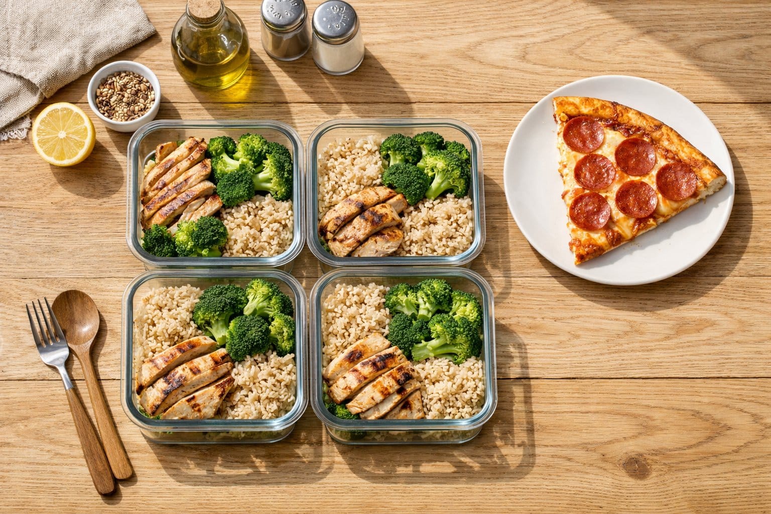 Flat lay of healthy meal prep containers with chicken and vegetables alongside a small treat, representing a balanced basic healthy eating plan