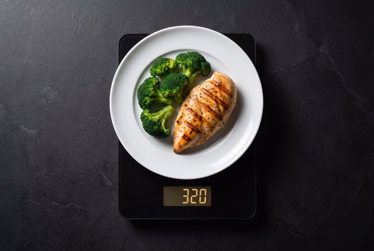 Dark minimalist food photography showing a digital kitchen scale weighing lean protein and vegetables