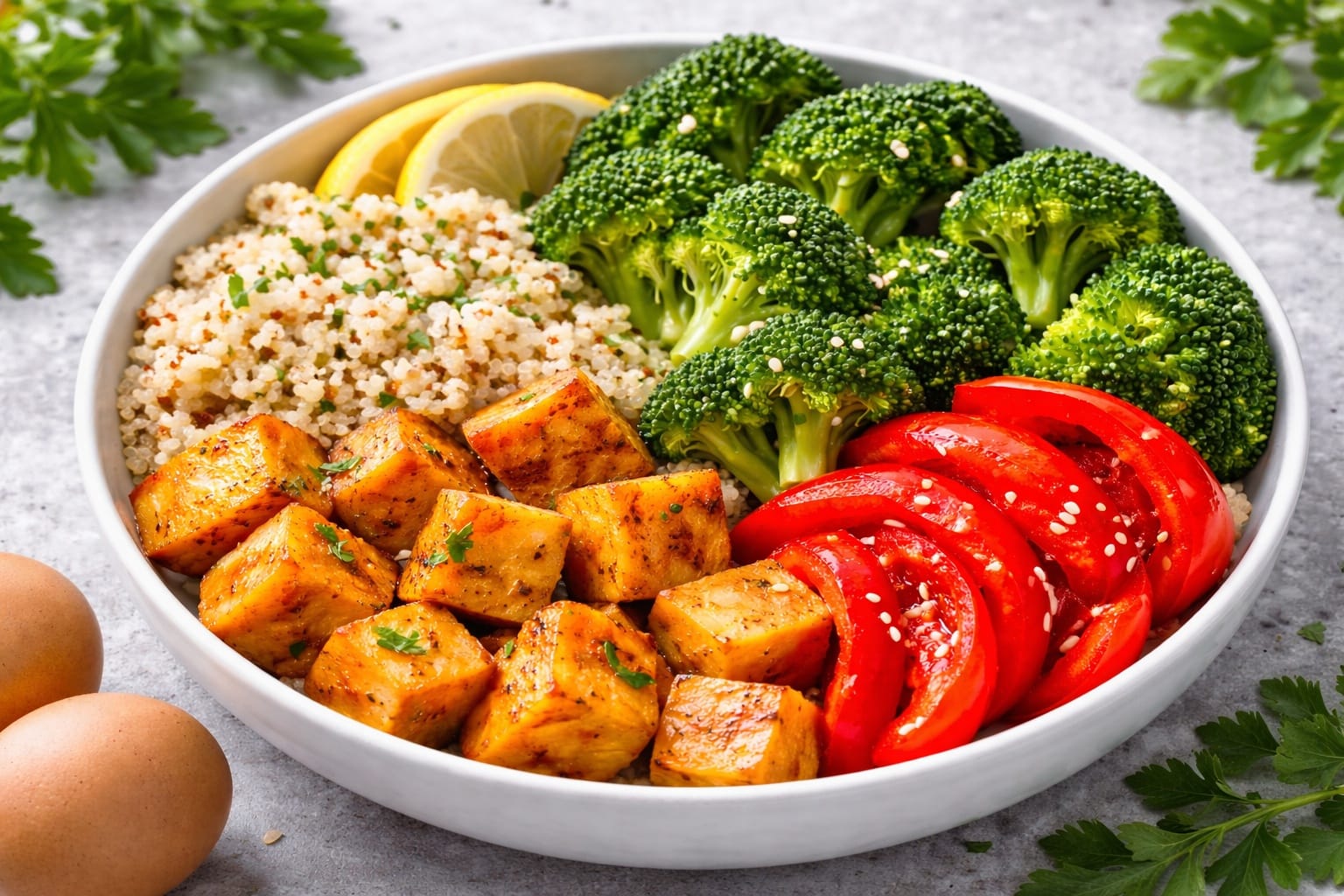 Colorful grain bowl with whole grains and mixed vegetables