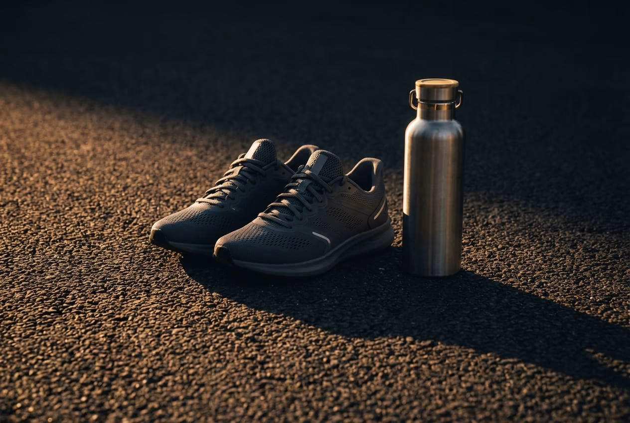 Dark minimalist photo of running shoes and a water bottle on a gym floor representing consistent physical activity