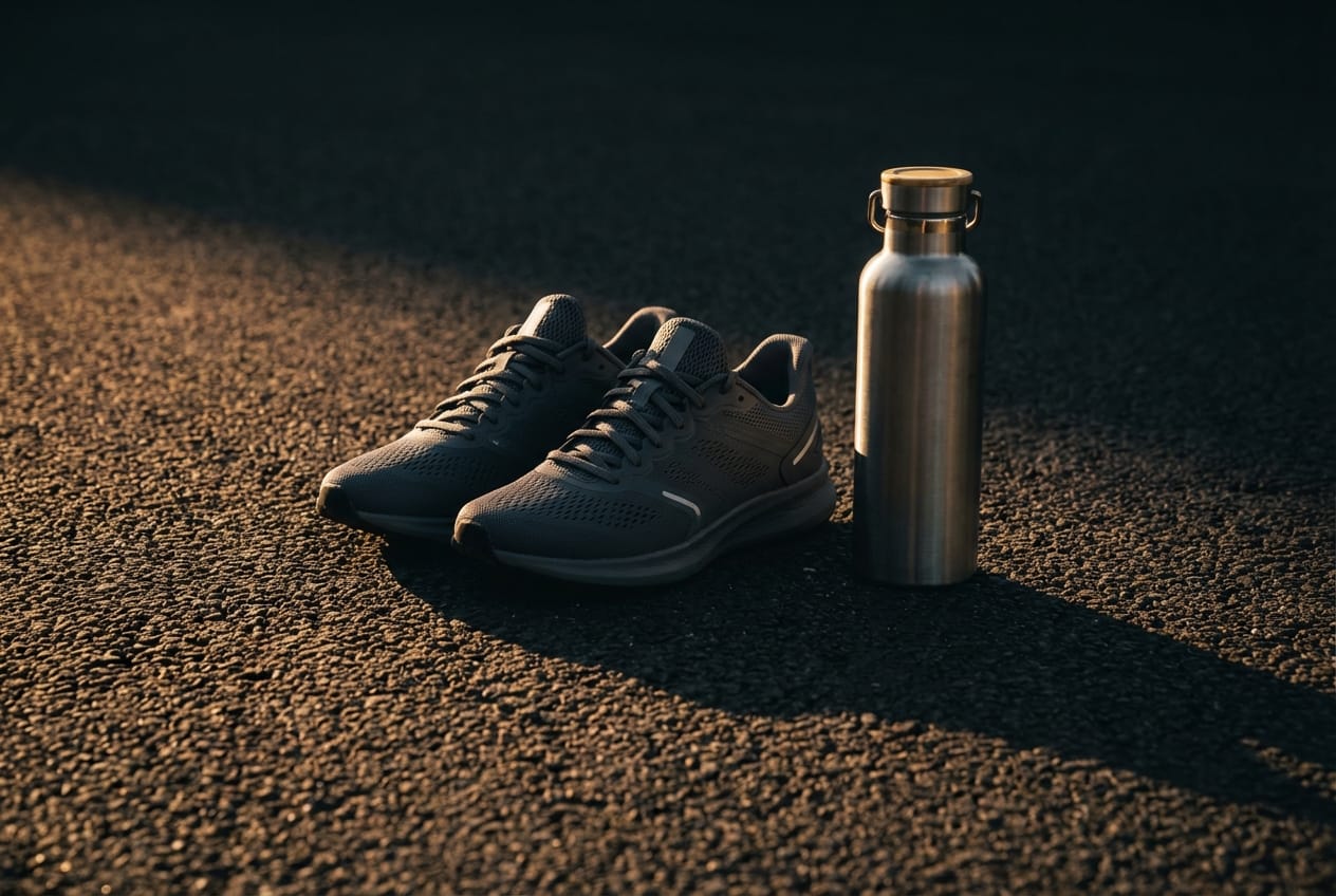 Dark minimalist photo of running shoes and a water bottle on a gym floor representing consistent physical activity