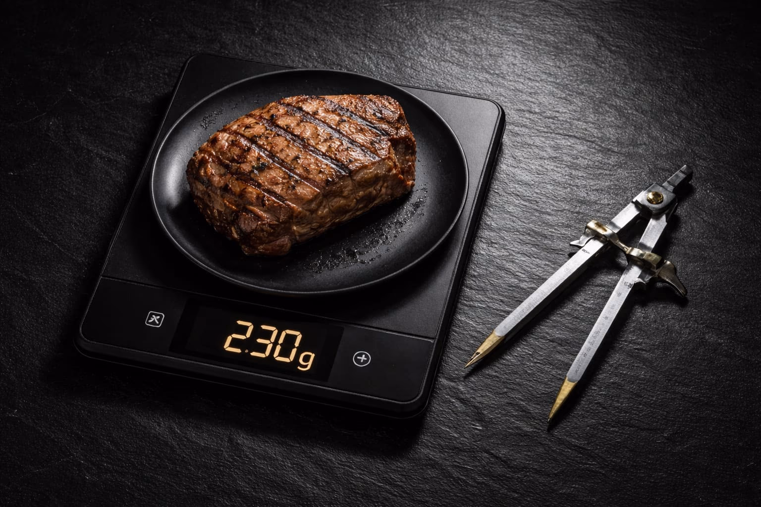 Dark minimalist hero image featuring a digital food scale and high-quality protein source with gold accents representing systematic nutrition