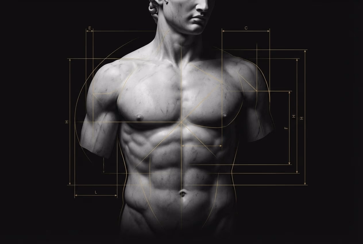 Artistic representation of a muscular human figure with geometric engineering schematics overlaid, representing the engineering approach to fat loss