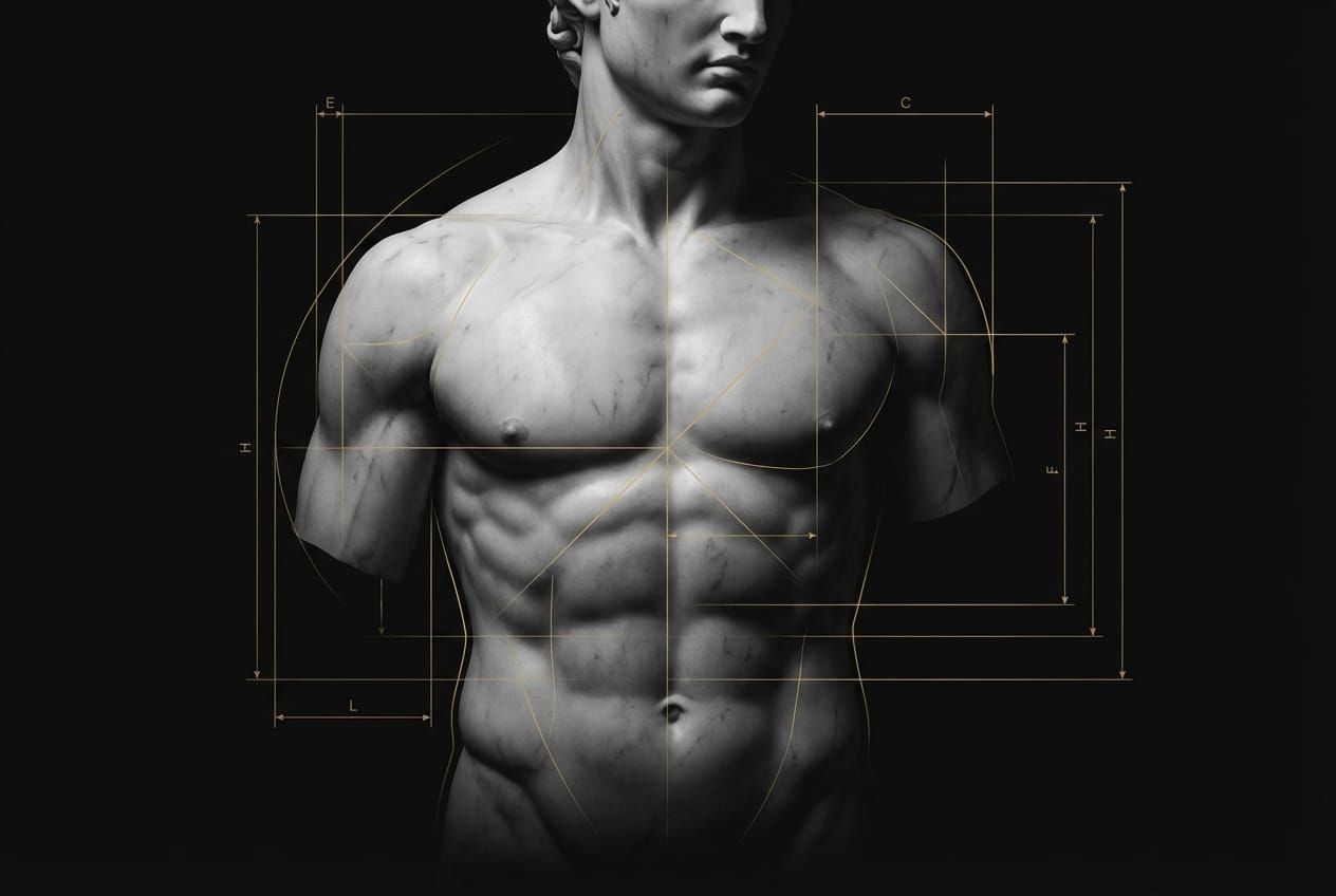 Artistic representation of a muscular human figure with geometric engineering schematics overlaid, representing the engineering approach to fat loss
