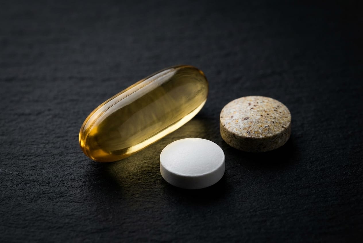 Macro shot of essential daily supplements including a golden fish oil pill and vitamin tablet on a dark surface