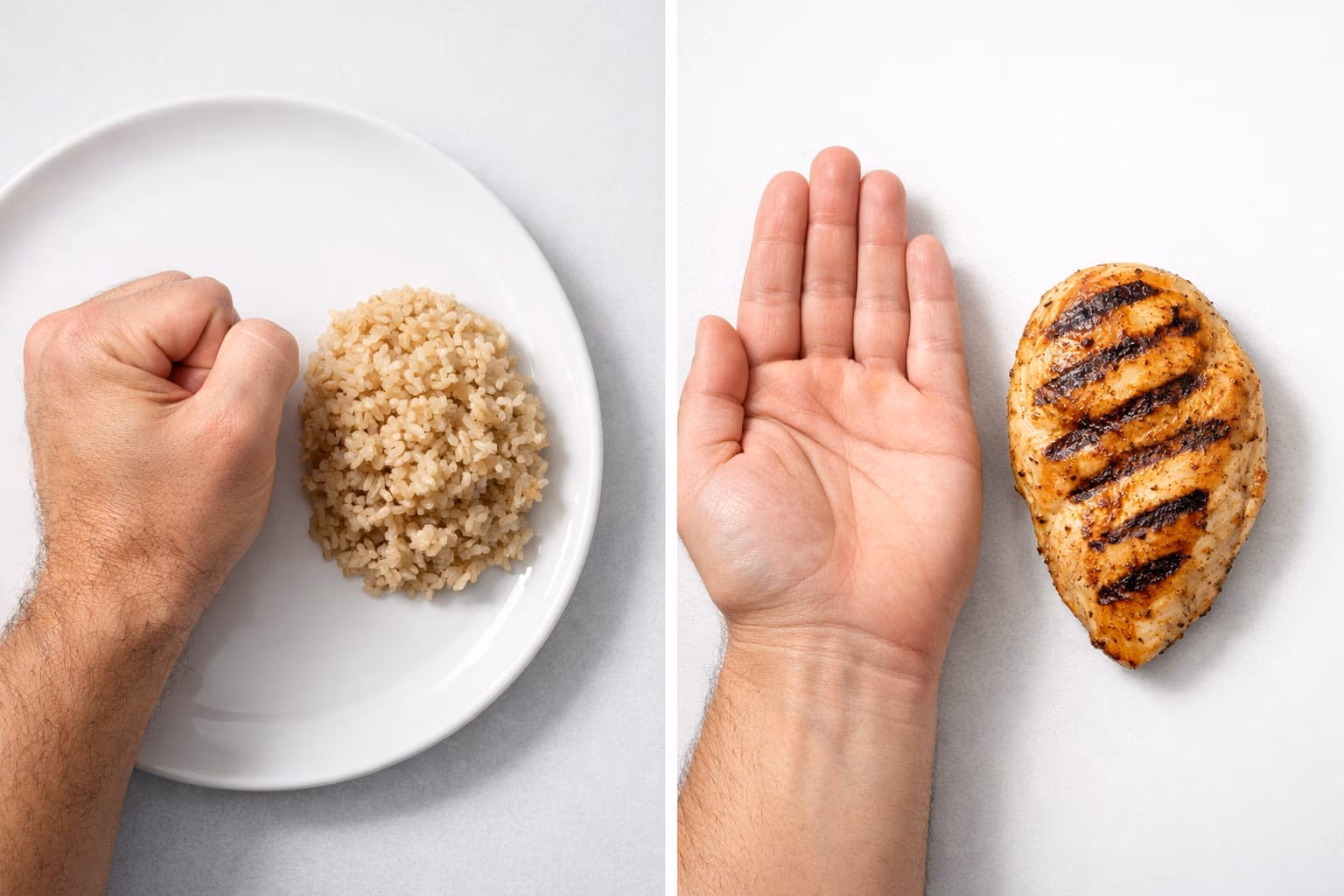 Visual guide comparing hand sizes to food portions for making meals without a scale
