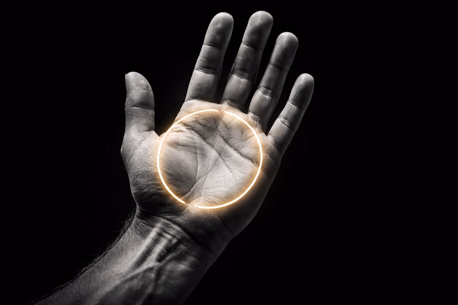 Artistic photo of a hand gesture used for portion control against a dark background with gold highlights