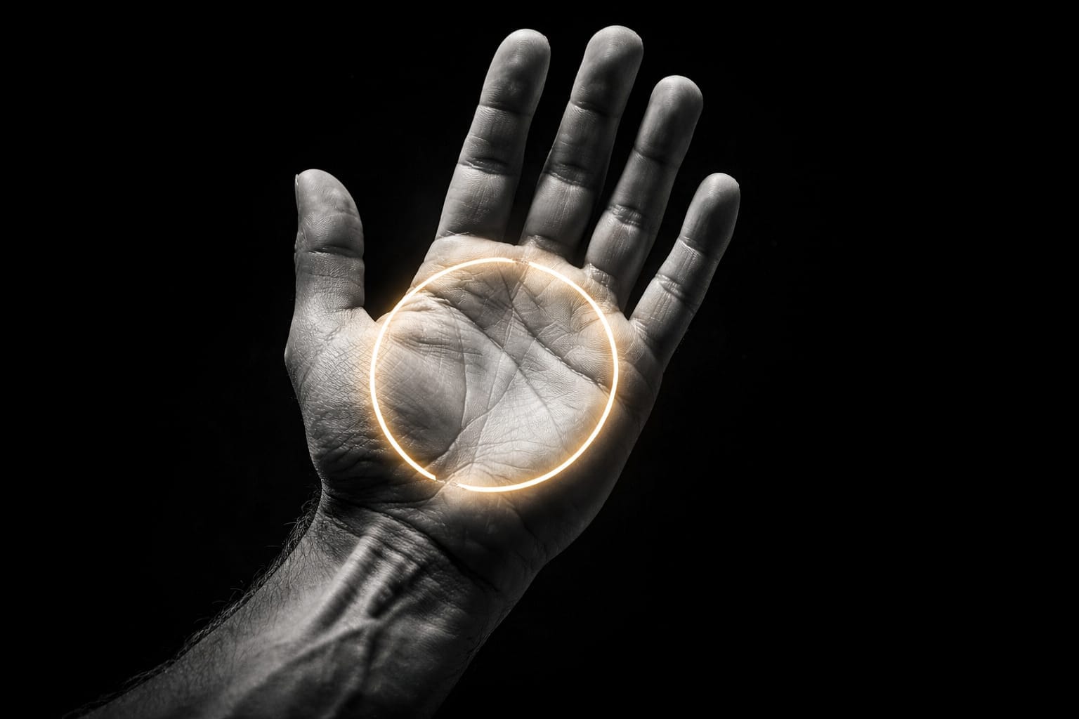 Artistic photo of a hand gesture used for portion control against a dark background with gold highlights