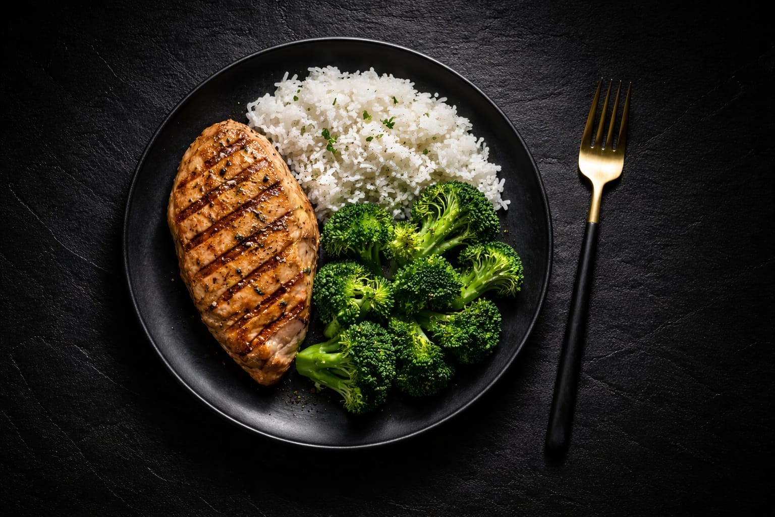 Dark aesthetic food photography of a perfectly balanced healthy meal with chicken rice and broccoli on a black plate