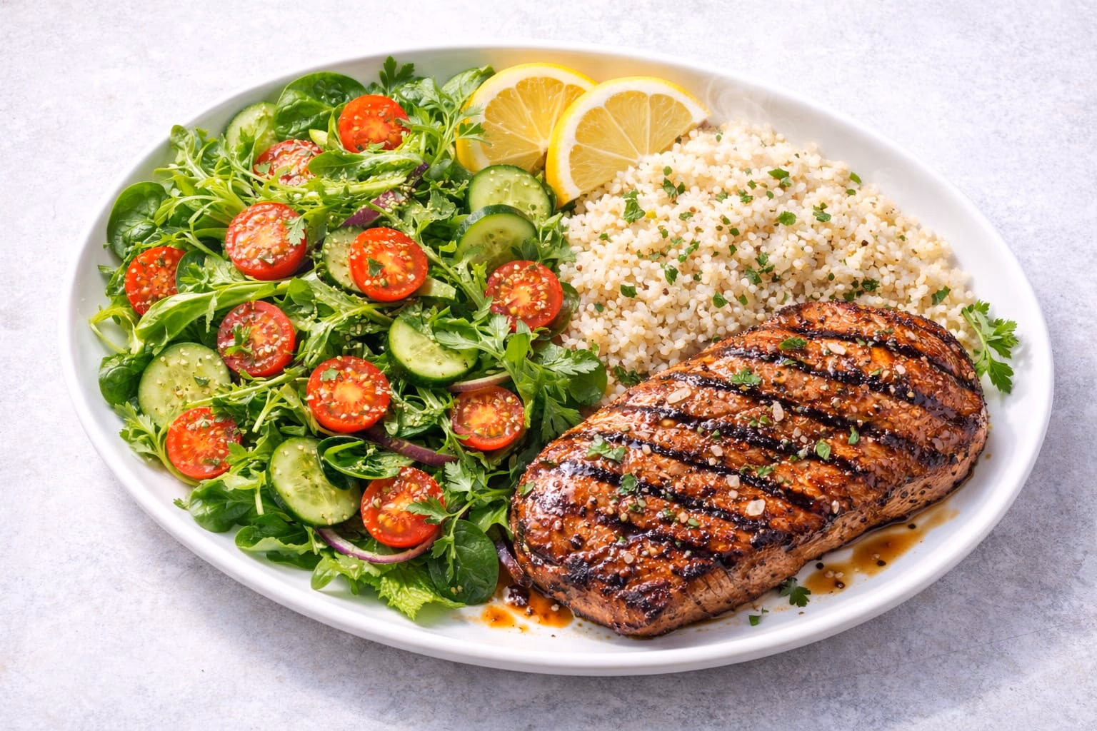 Healthy meal plate diagram showing portions for protein, vegetables, and carbohydrates