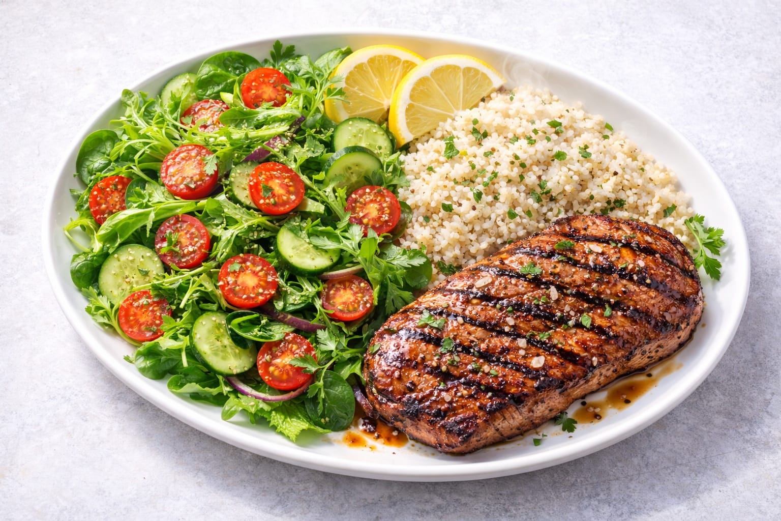 Healthy meal plate diagram showing portions for protein, vegetables, and carbohydrates