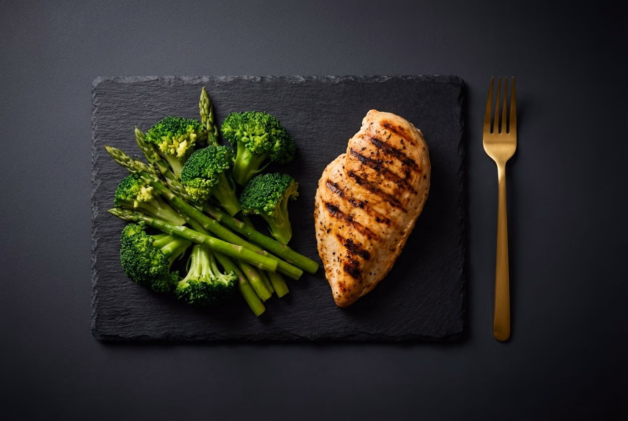 Overhead shot of a healthy meal with grilled chicken and broccoli on a black slate plate