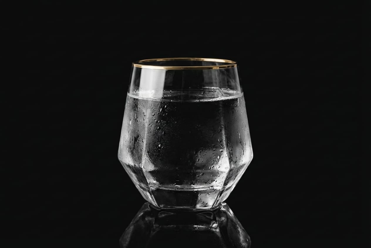Crystal clear glass of water with gold rim in dark lighting representing the hydration protocol