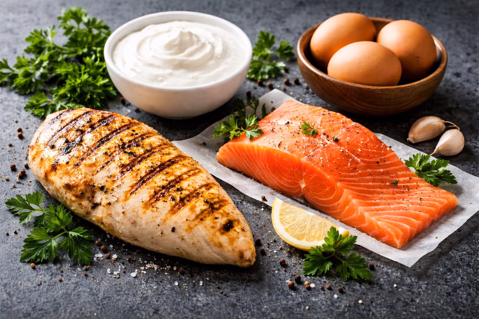 High-protein food sources including eggs, chicken, fish, and Greek yogurt