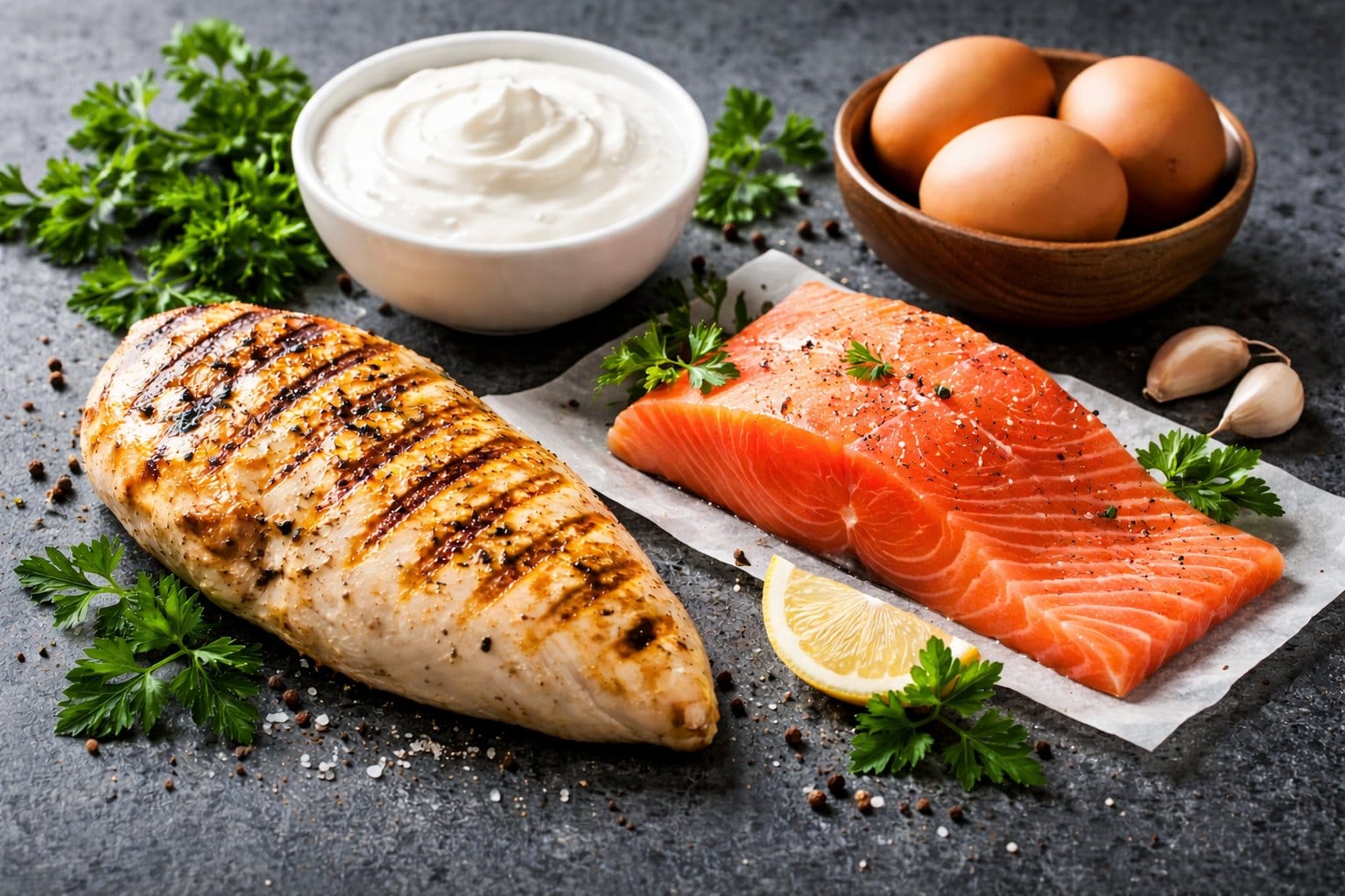 High-protein food sources including eggs, chicken, fish, and Greek yogurt
