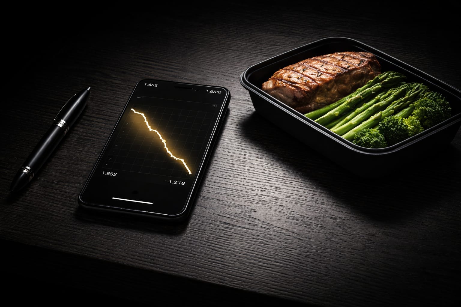 A dark minimalist workspace featuring a smartphone with a graph and a meal prep container, representing the Lock In nutrition protocol