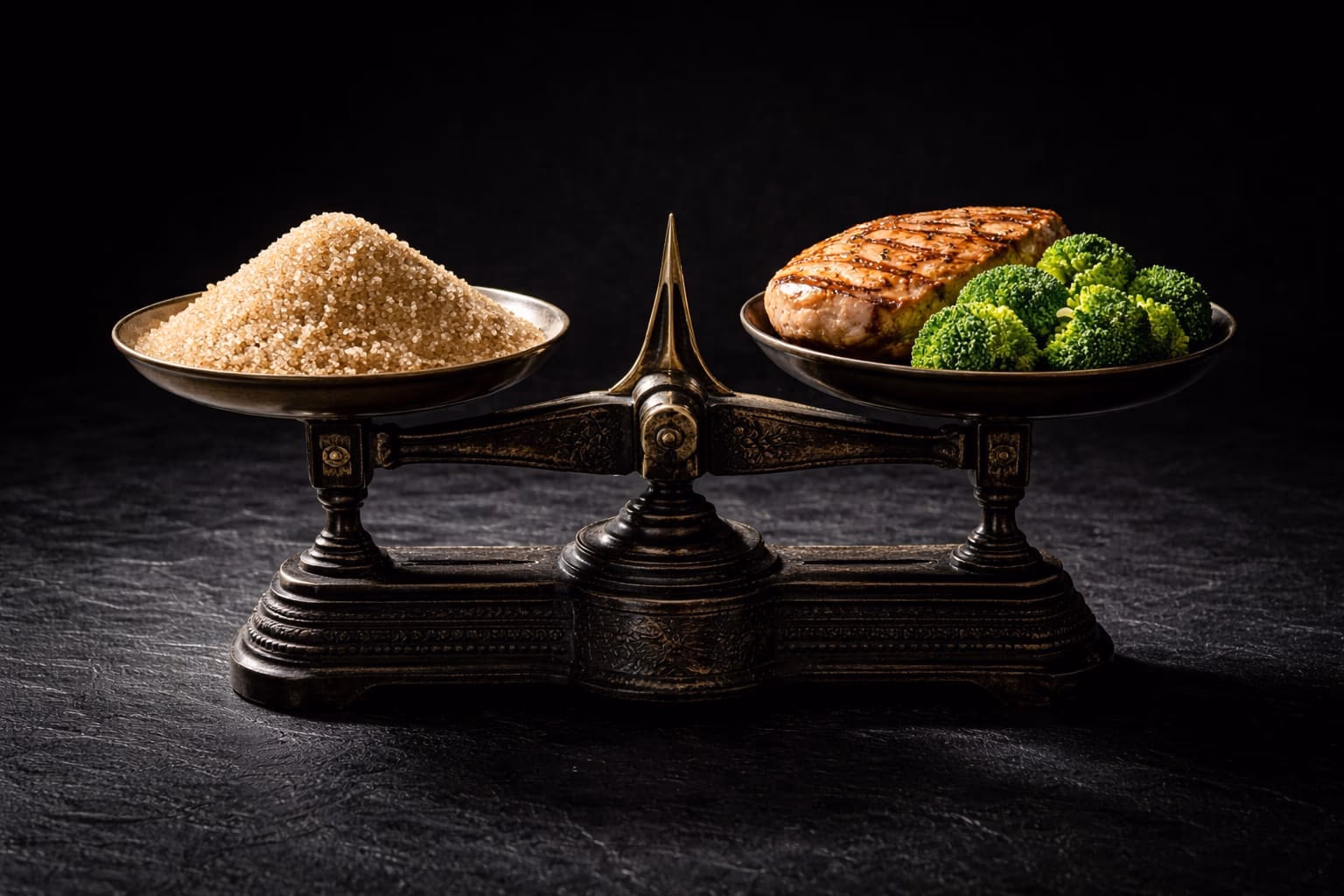 Conceptual image of a classical balance scale weighing different food textures to represent macronutrient precision
