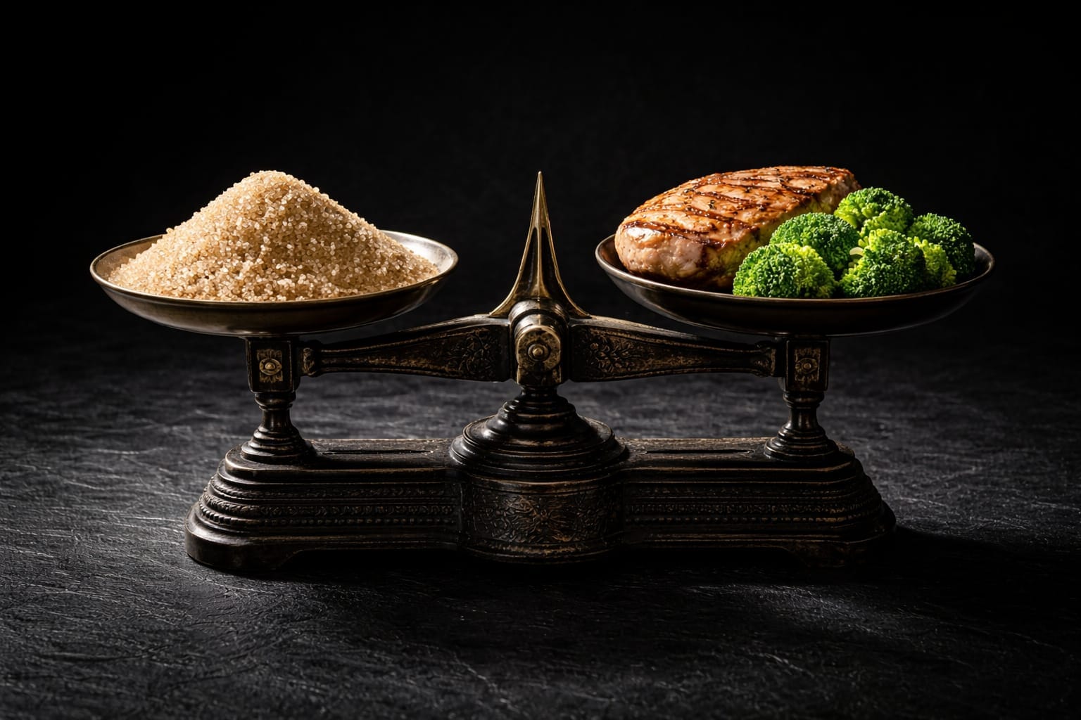Conceptual image of a classical balance scale weighing different food textures to represent macronutrient precision