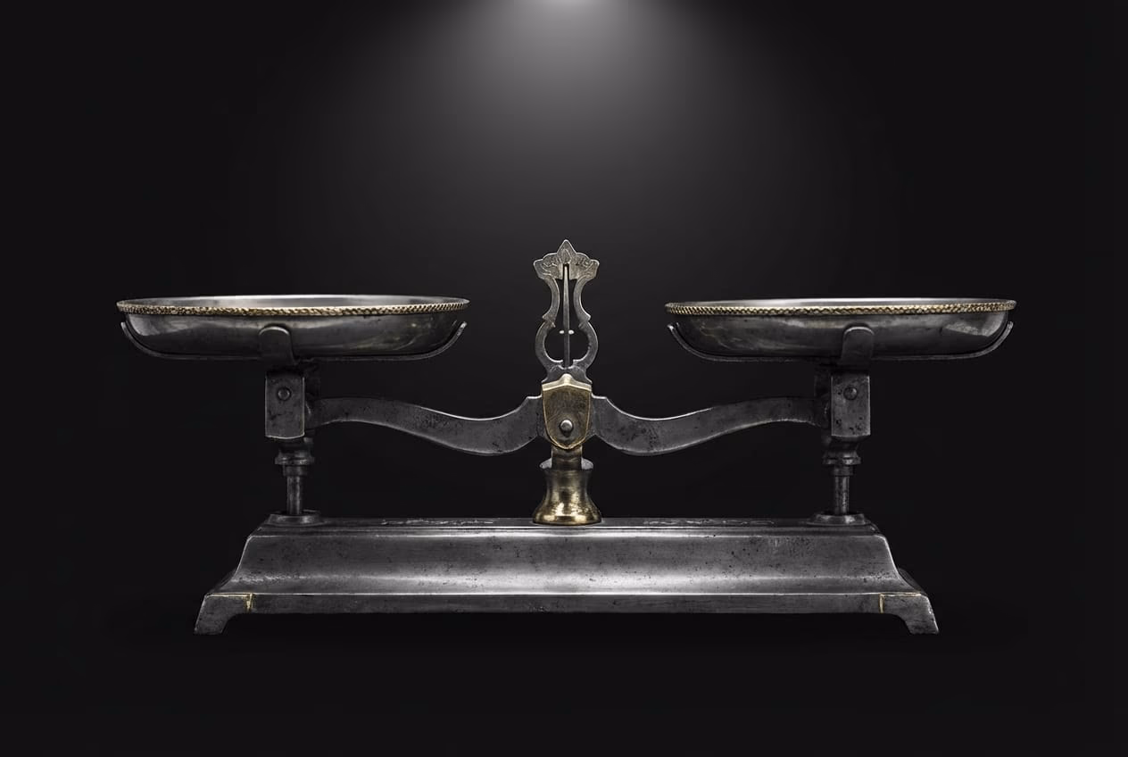A dark, cinematic photo of an antique golden balance scale perfectly level, representing weight maintenance and metabolic stability