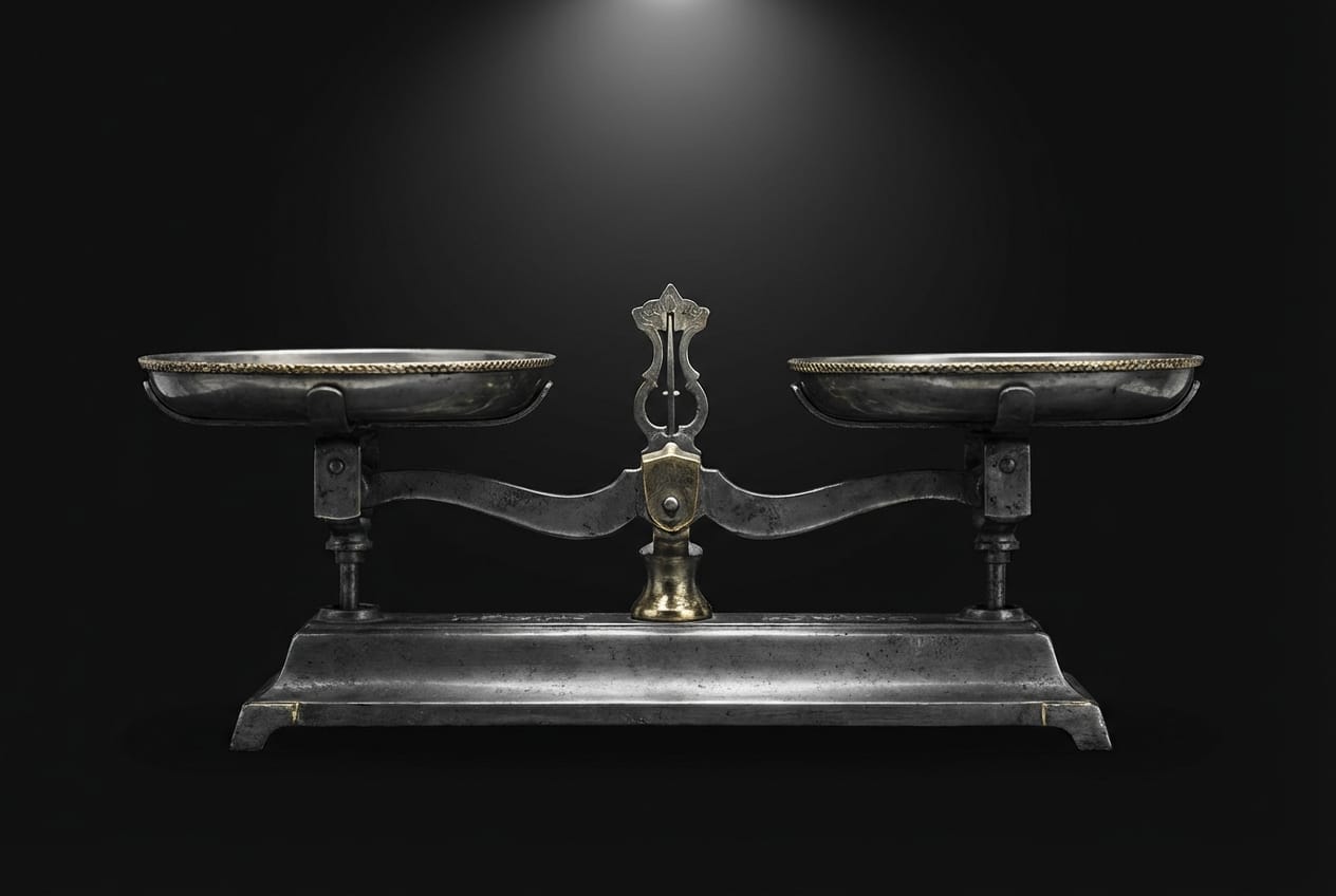 A dark, cinematic photo of an antique golden balance scale perfectly level, representing weight maintenance and metabolic stability