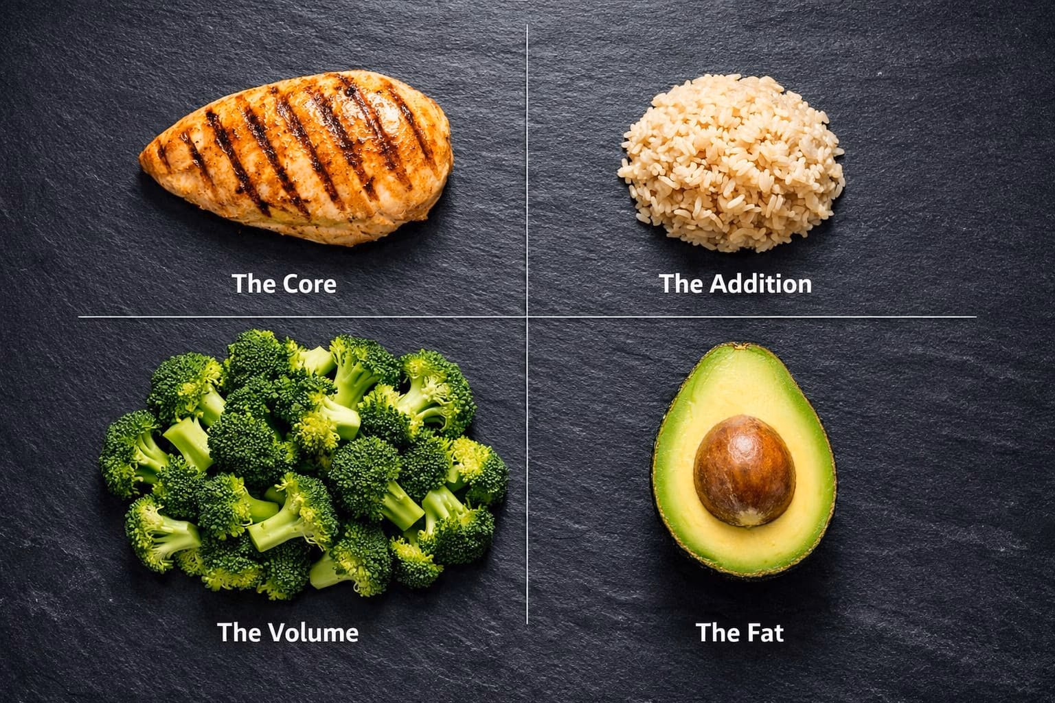 Top-down view of a healthy meal organized by macronutrients representing the process of making meals