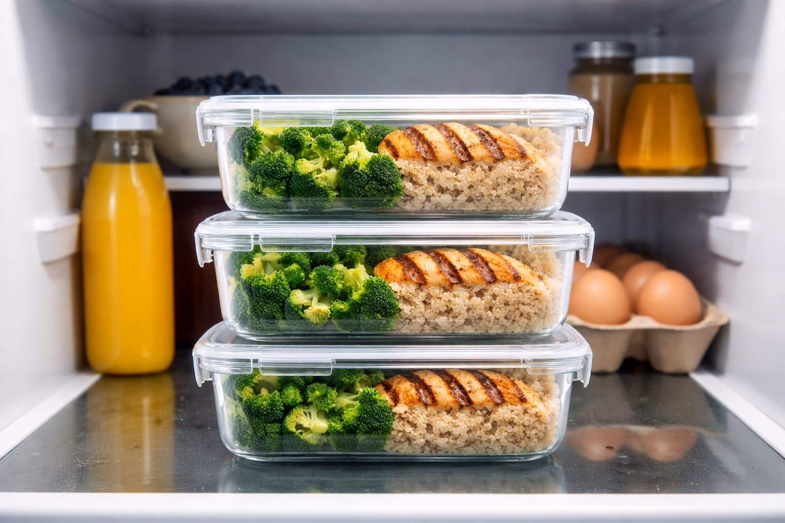 Stack of glass meal prep containers organized in a fridge, symbolizing the systematic approach to making meals
