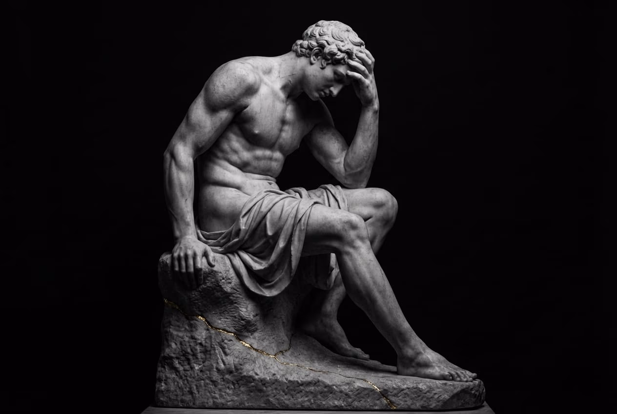 Classical marble sculpture of a weary figure sitting down, representing diet fatigue and low energy levels