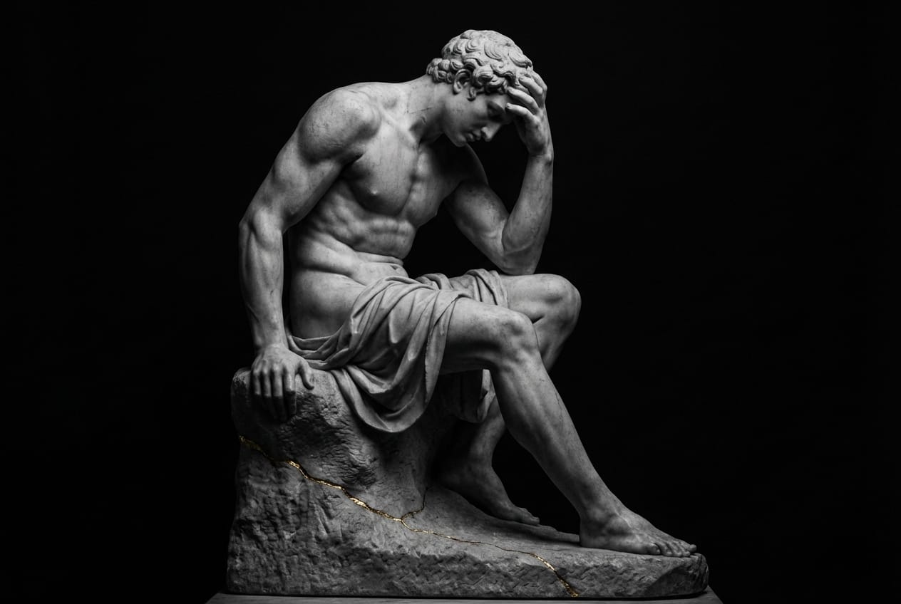 Classical marble sculpture of a weary figure sitting down, representing diet fatigue and low energy levels