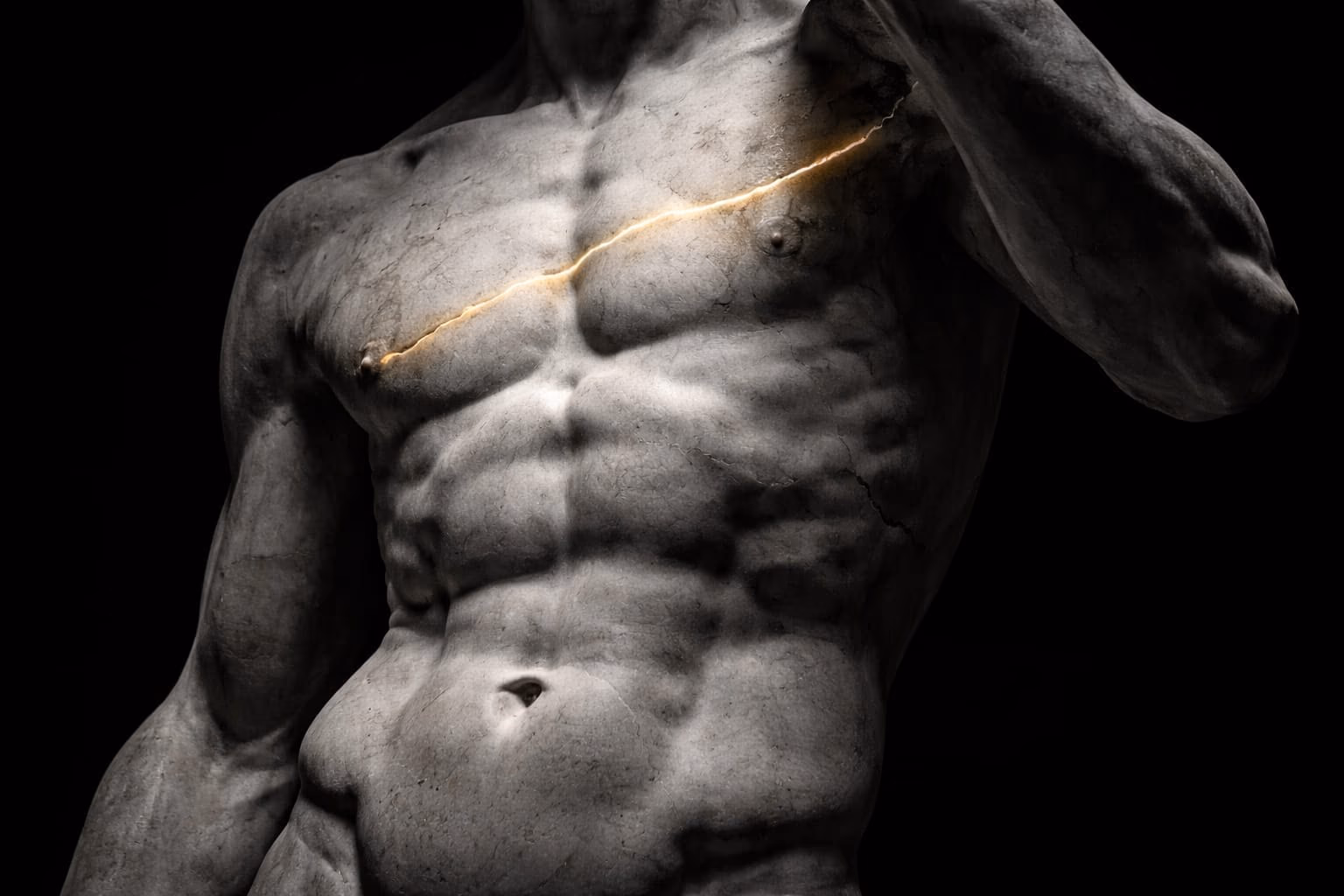 Close-up of a Renaissance marble statue's torso showing lean muscle definition in dramatic lighting