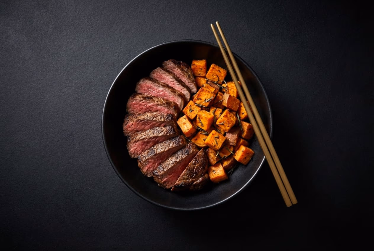 Dark aesthetic food photography of a bowl with steak and sweet potatoes, representing healthy reverse dieting foods