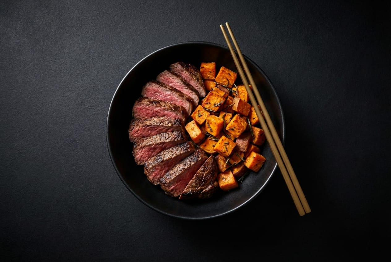 Dark aesthetic food photography of a bowl with steak and sweet potatoes, representing healthy reverse dieting foods