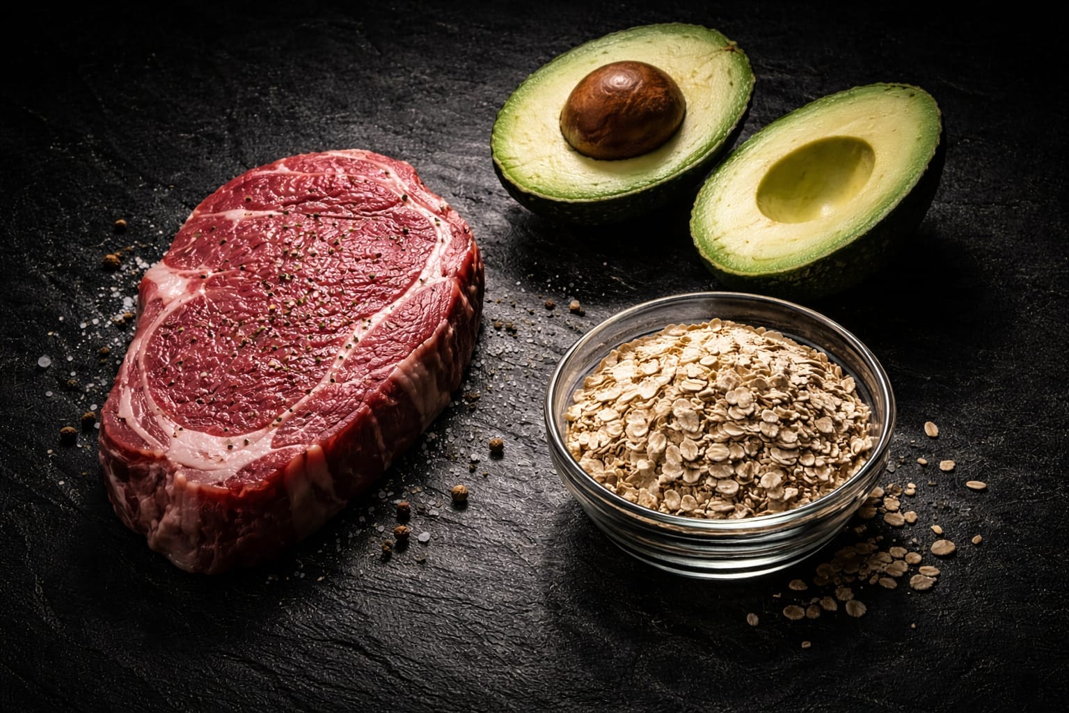 Raw healthy ingredients including steak avocado and oats arranged neatly on a dark surface