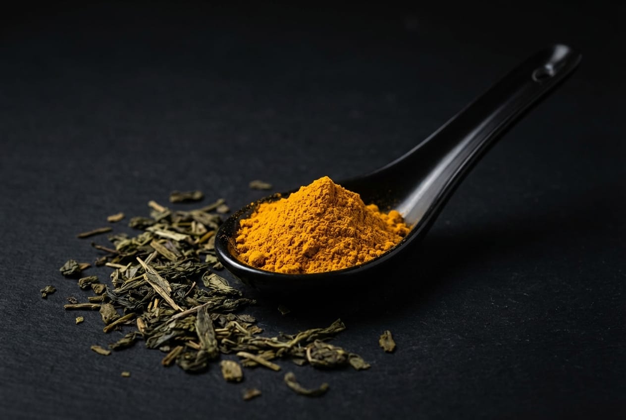 Dark aesthetic still life of turmeric powder and green tea leaves representing natural performance supplements