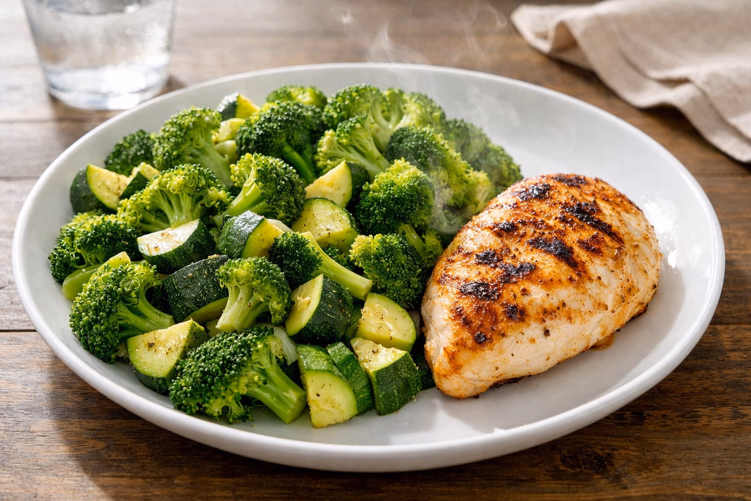 A large plate filled with green vegetables and lean protein showing the volume strategy for making meals