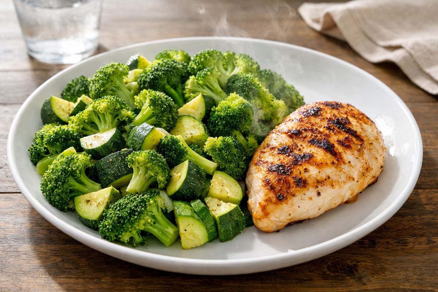 A large plate filled with green vegetables and lean protein showing the volume strategy for making meals